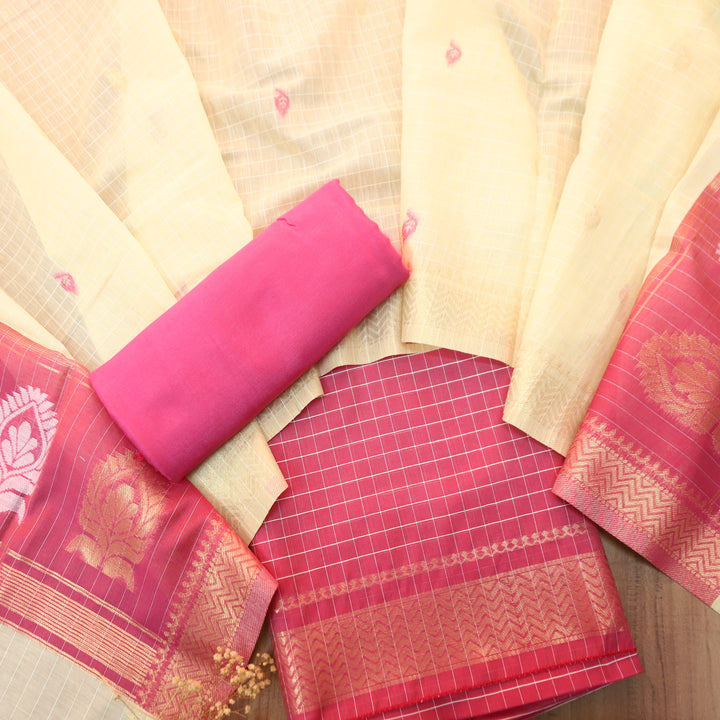 Vaniya Rani Pink Checked with Zari Weaved Hem Cotton Silk Set