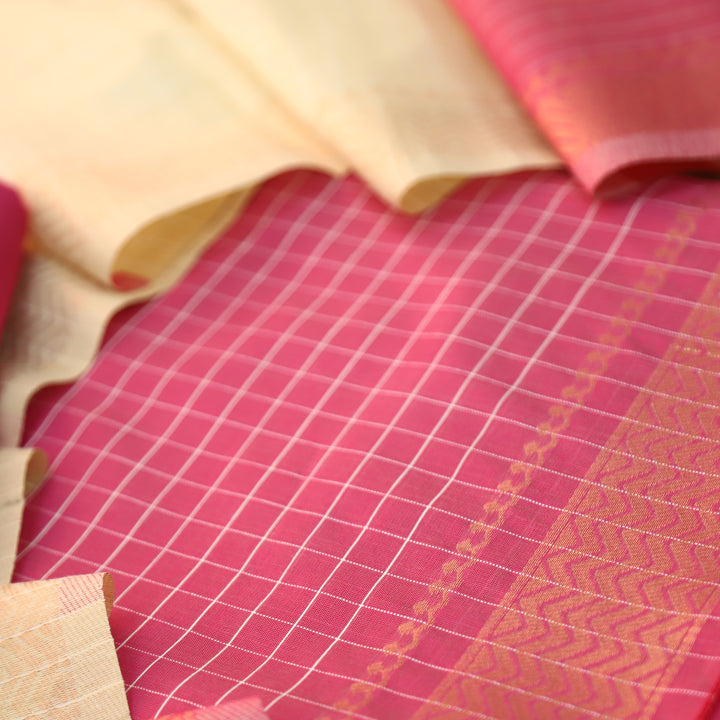 Vaniya Rani Pink Checked with Zari Weaved Hem Cotton Silk Set