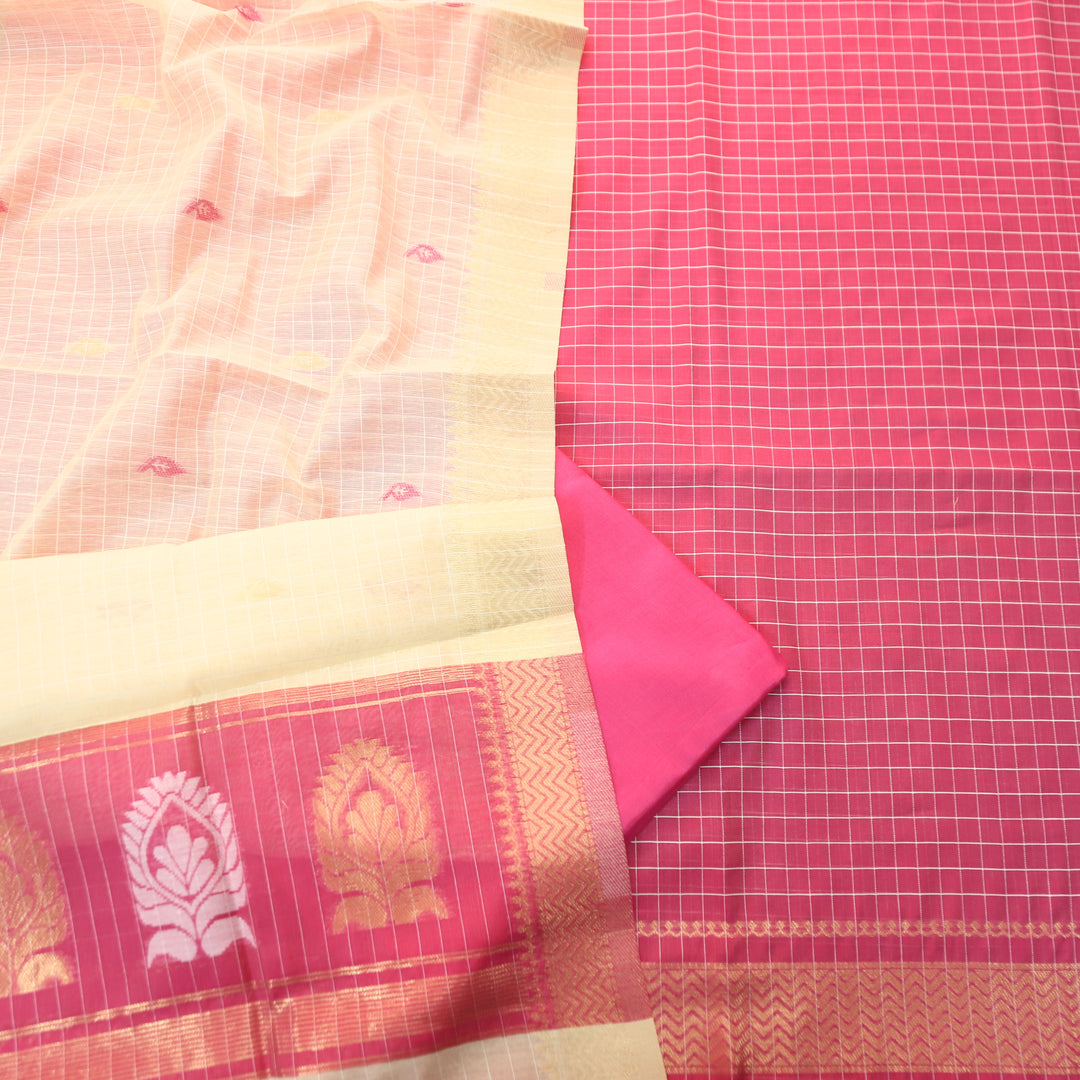 Vaniya Rani Pink Checked with Zari Weaved Hem Cotton Silk Set