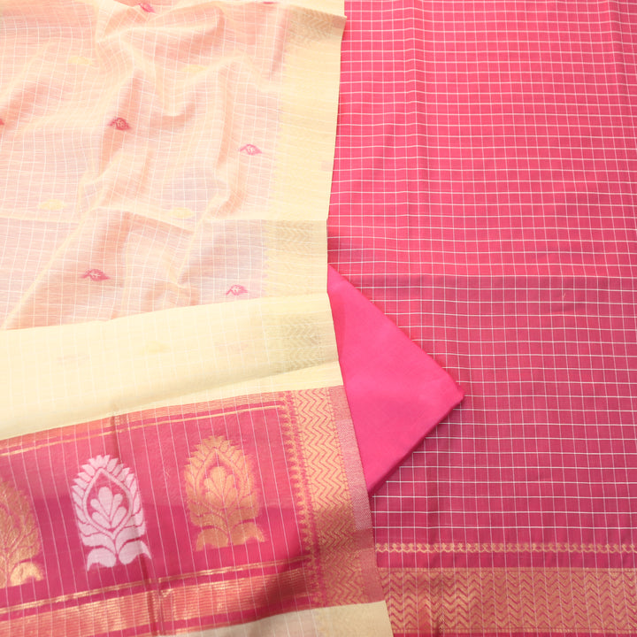 Vaniya Rani Pink Checked with Zari Weaved Hem Cotton Silk Set