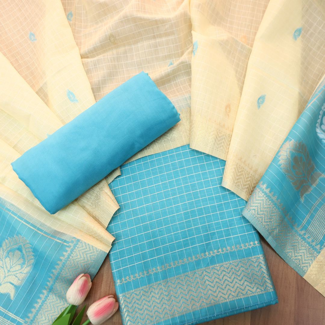 Vaniya Ocean Aqua Checked with Zari Weaved Hem Cotton Silk Set