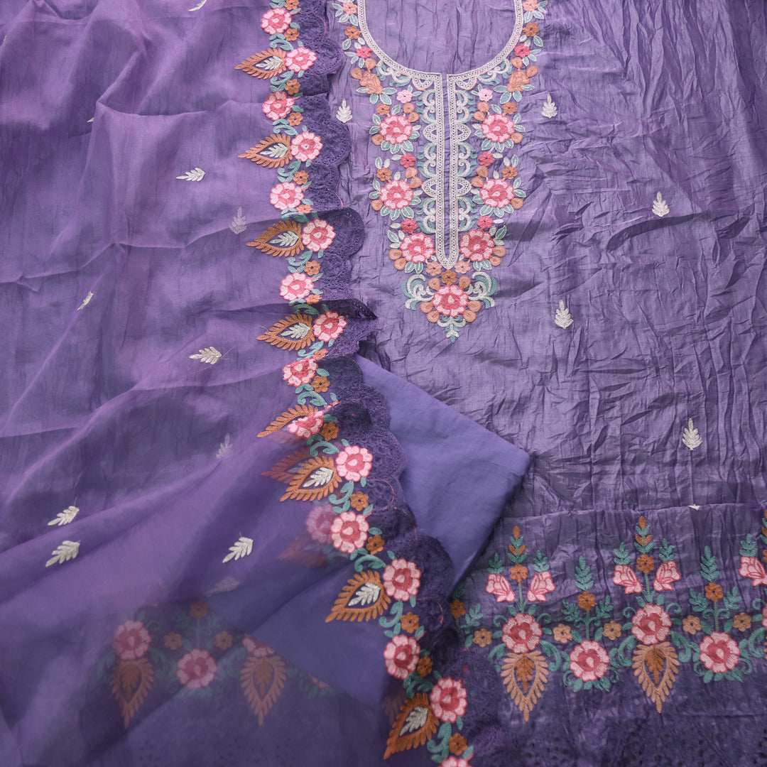 Barfiii Heather Mauve Kashida Inspired Neckline Work Art Tissue Silk Suit Set