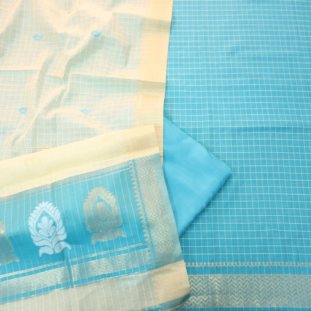 Vaniya Ocean Aqua Checked with Zari Weaved Hem Cotton Silk Set