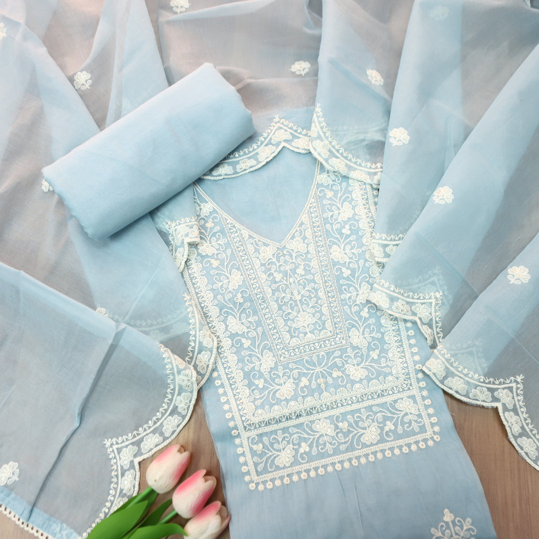 Rushali Ice Blue Embroidered Neck and Hem Mul Cotton Set