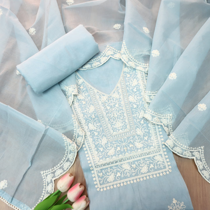 Rushali Ice Blue Embroidered Neck and Hem Mul Cotton Set