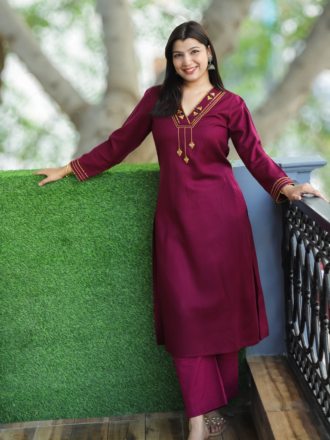 Anjali Dark Wine V Neck with Mirror in Patch Work Semi Pashmina Winter Kurti