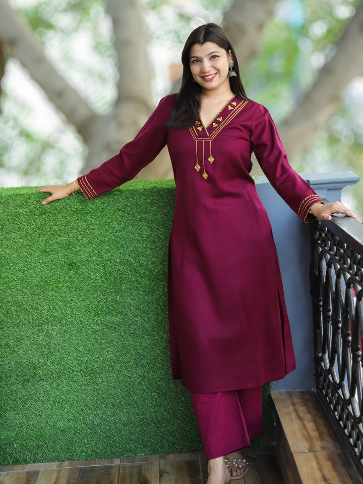 Anjali Dark Wine V Neck with Mirror in Patch Work Semi Pashmina Winter Kurti