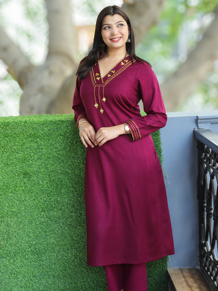 Anjali Dark Wine V Neck with Mirror in Patch Work Semi Pashmina Winter Kurti
