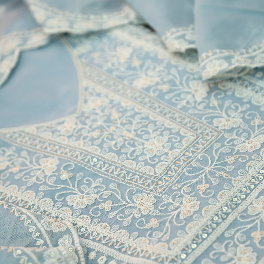 Rushali Ice Blue Embroidered Neck and Hem Mul Cotton Set