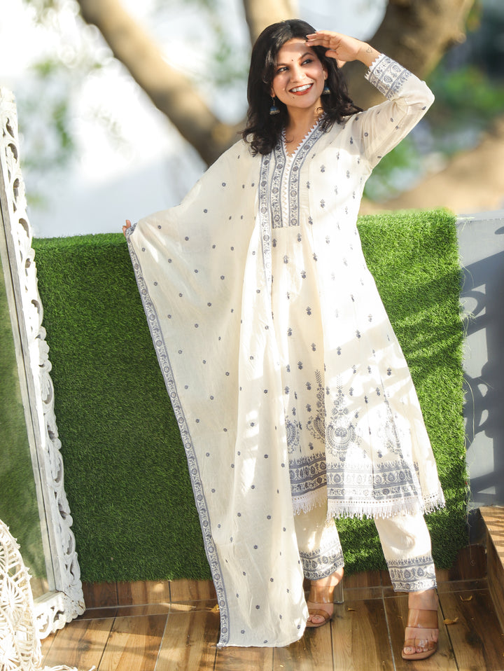 Jannat White with Grey  Mul Cotton Anarkali Set