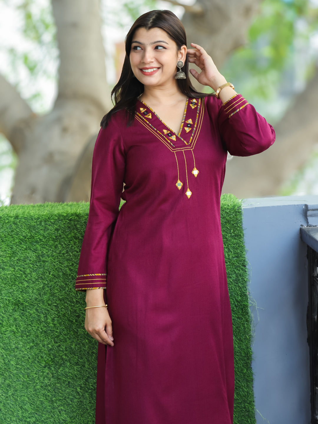 Anjali Dark Wine V Neck with Mirror in Patch Work Semi Pashmina Winter Kurti