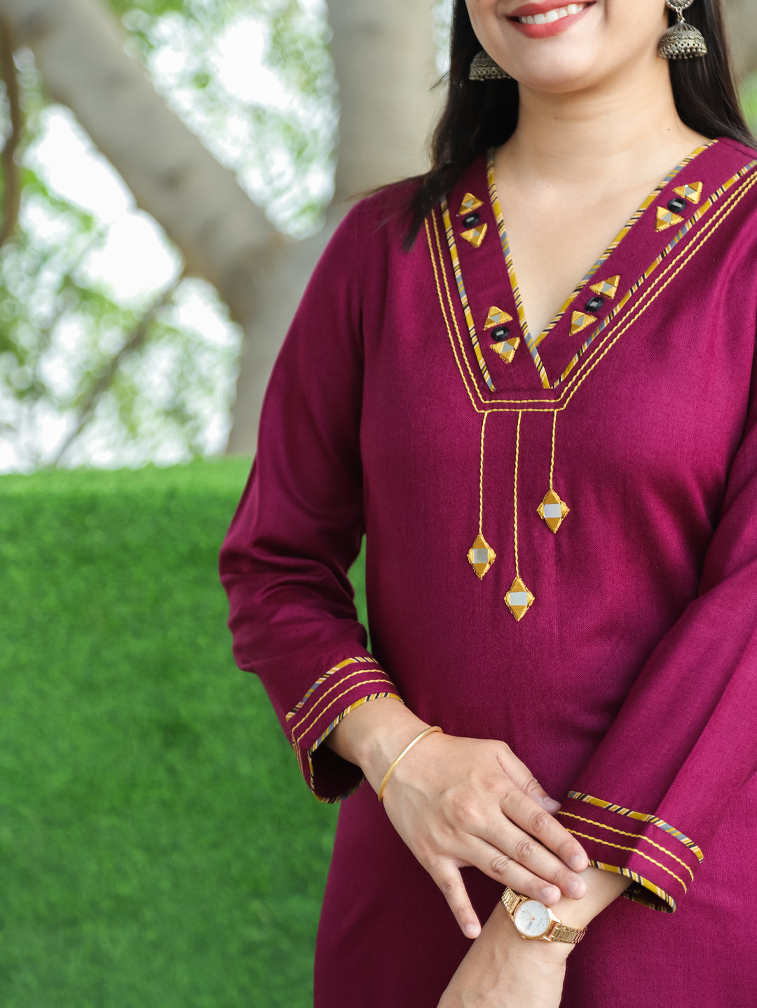 Anjali Dark Wine V Neck with Mirror in Patch Work Semi Pashmina Winter Kurti