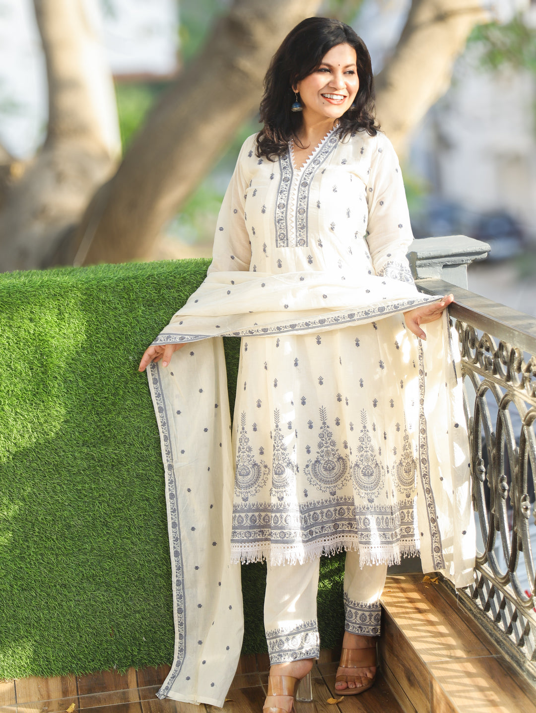 Jannat White with Grey  Mul Cotton Anarkali Set