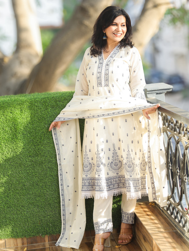 Jannat White with Grey  Mul Cotton Anarkali Set