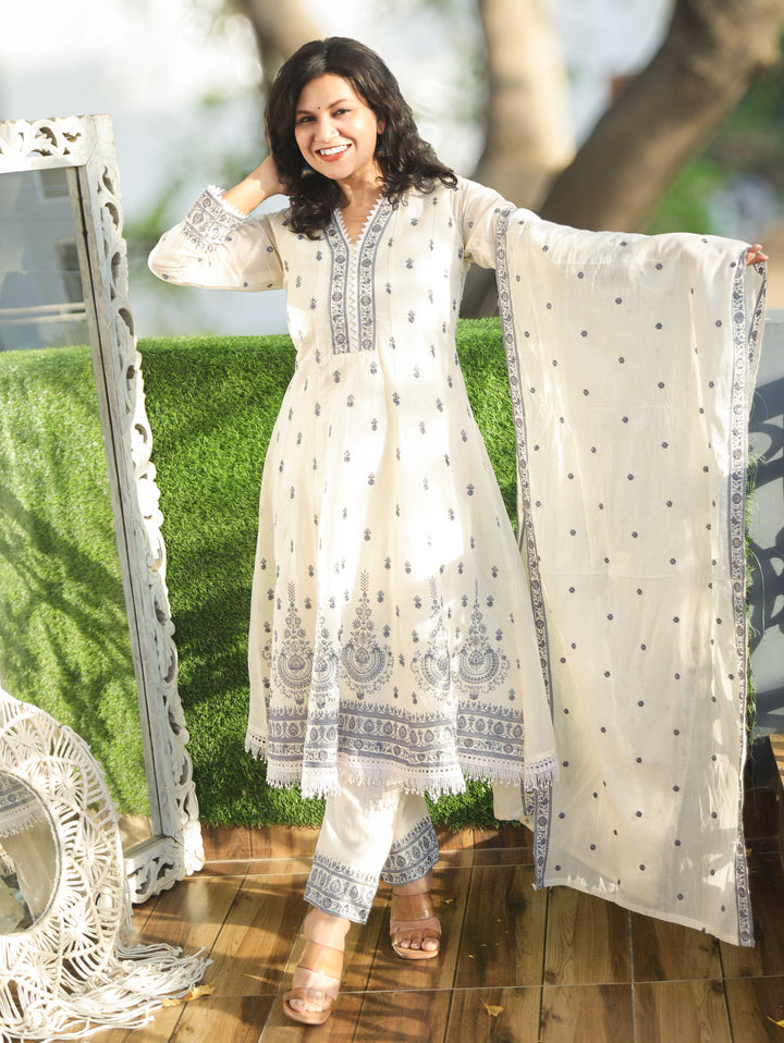 Jannat White with Grey  Mul Cotton Anarkali Set