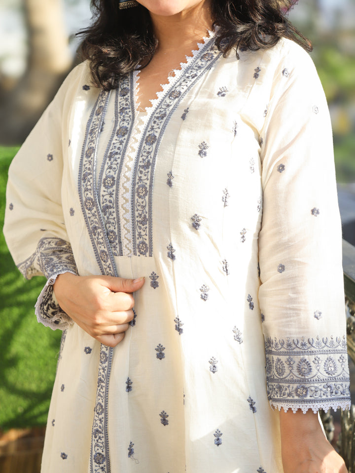 Jannat White with Grey  Mul Cotton Anarkali Set