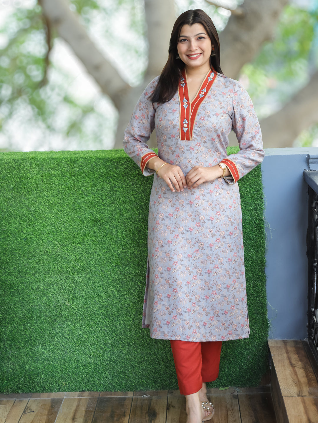 Pranjali Powder Grey V Mirror Work Kanni Print Semi Pashmina Winter Kurti