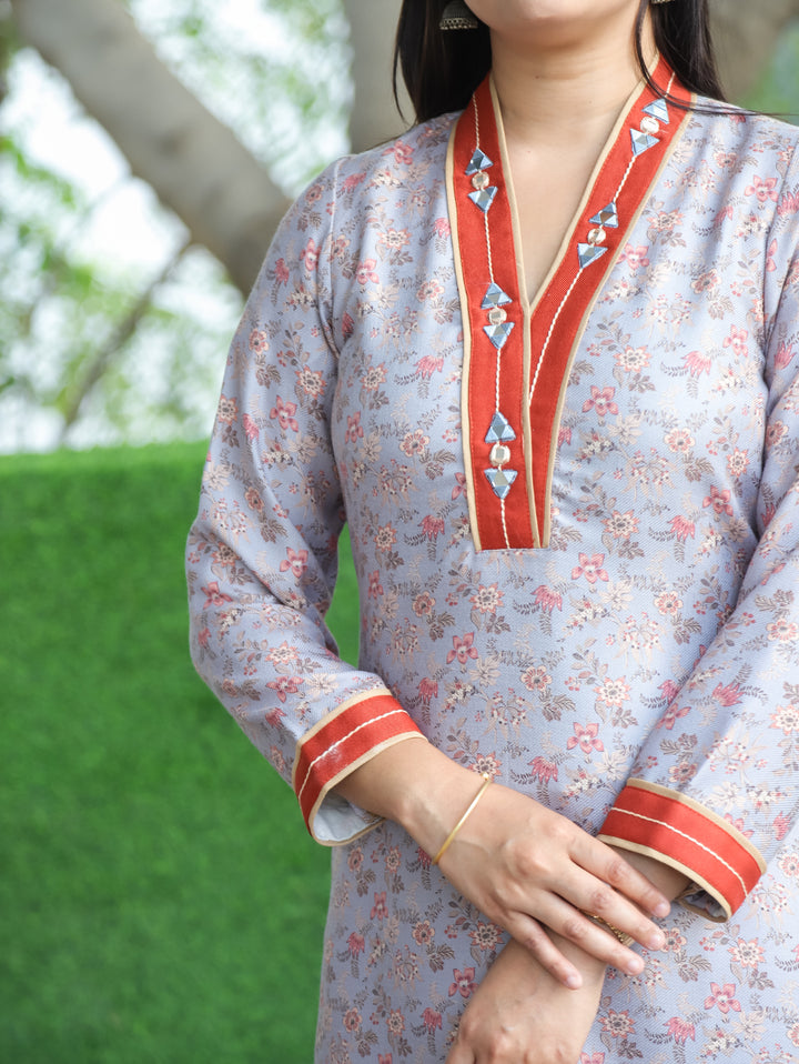 Pranjali Powder Grey V Mirror Work Kanni Print Semi Pashmina Winter Kurti