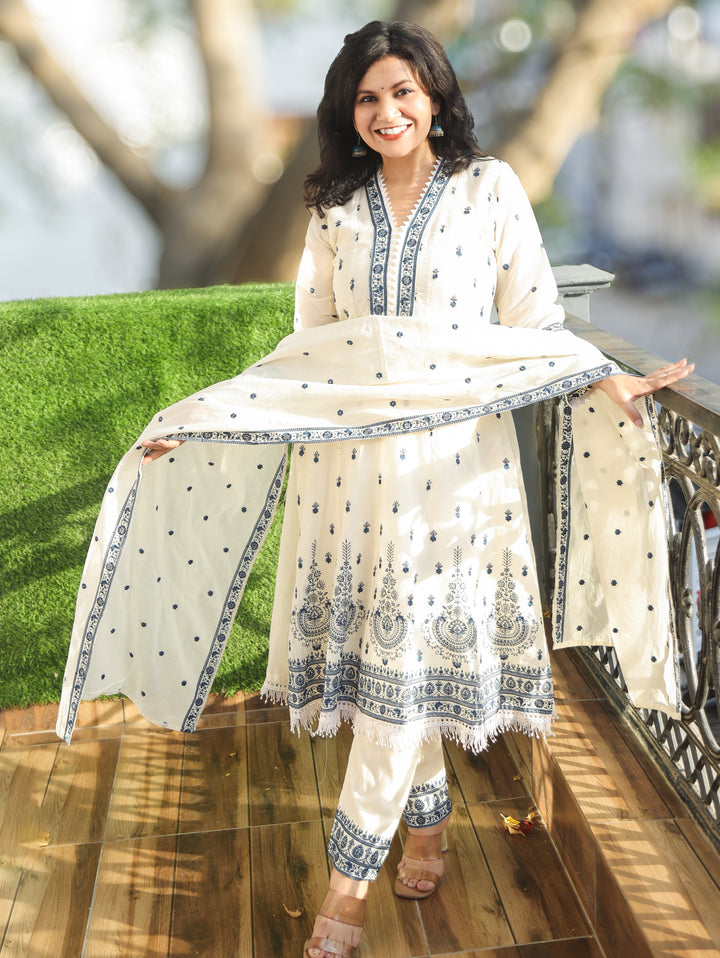 Jannat White with Blue Mul Cotton Anarkali Set
