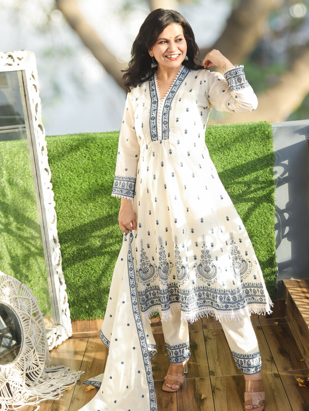 Jannat White with Blue Mul Cotton Anarkali Set