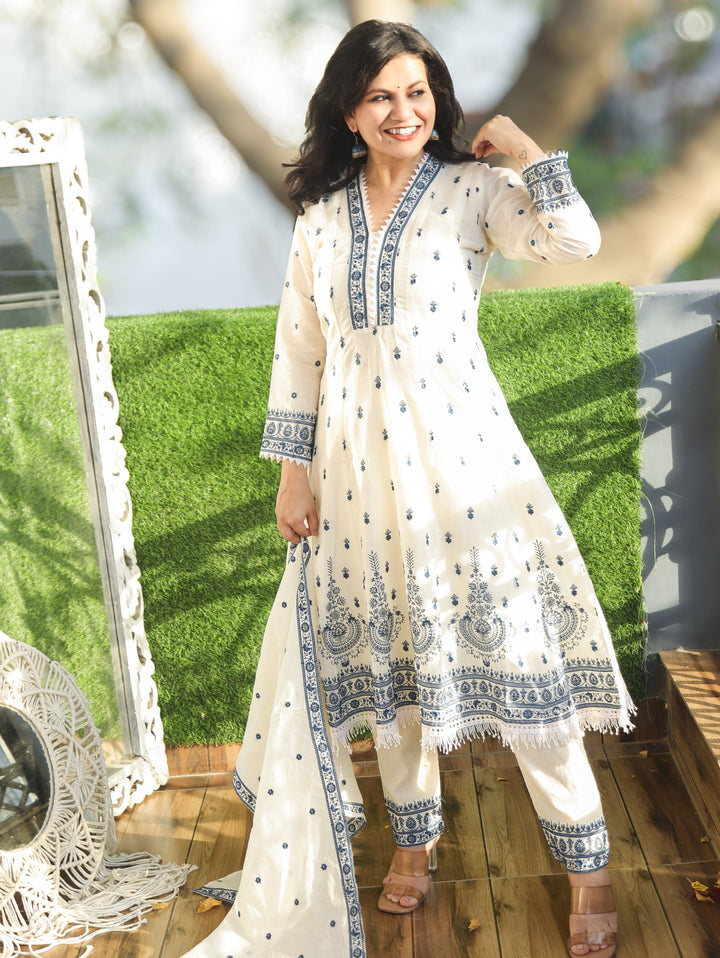Jannat White with Blue Mul Cotton Anarkali Set