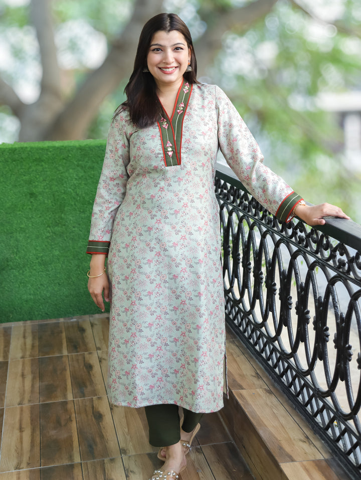 Pranjali Fern Green V Mirror Work Kanni Print Semi Pashmina Winter Kurti