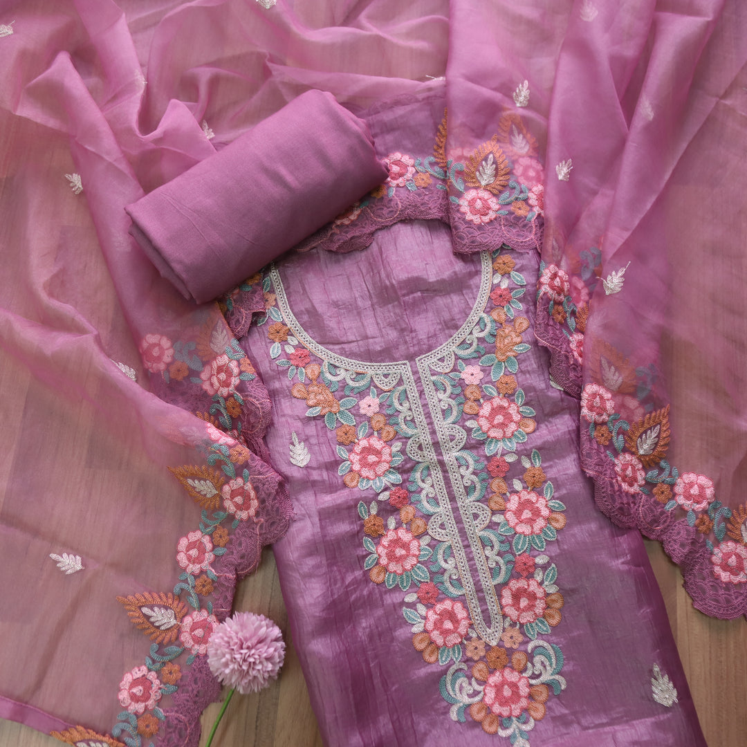 Barfiii Rose Mauve Kashida Inspired Neckline Work Art Tissue Silk Suit Set