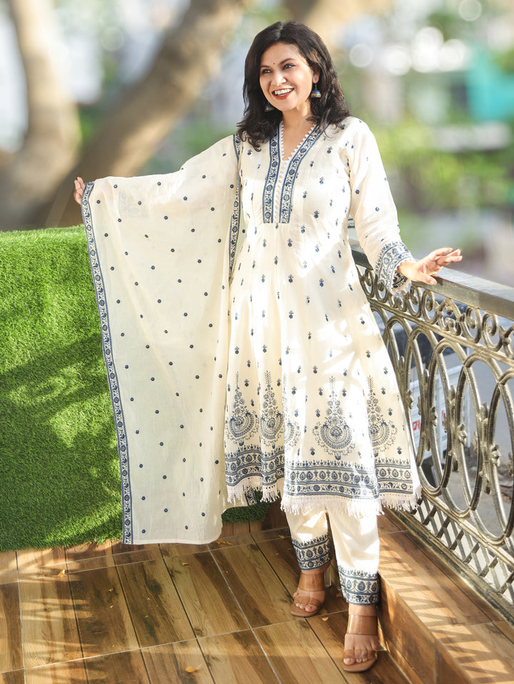 Jannat White with Blue Mul Cotton Anarkali Set