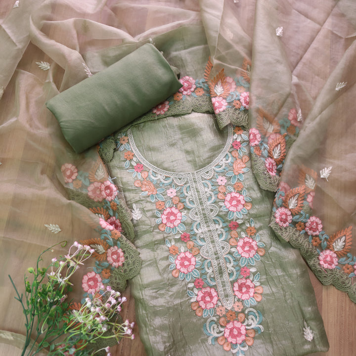 Barfiii Pistachio Green Kashida Inspired Neckline Work Art Tissue Silk Suit Set