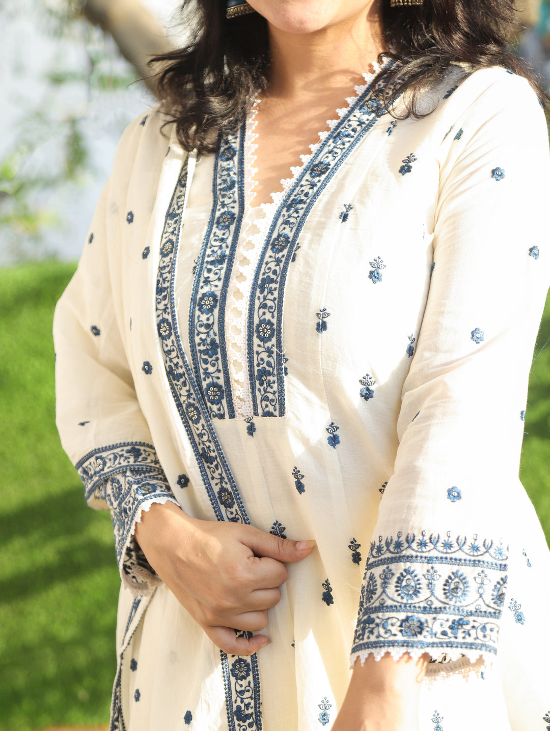 Jannat White with Blue Mul Cotton Anarkali Set