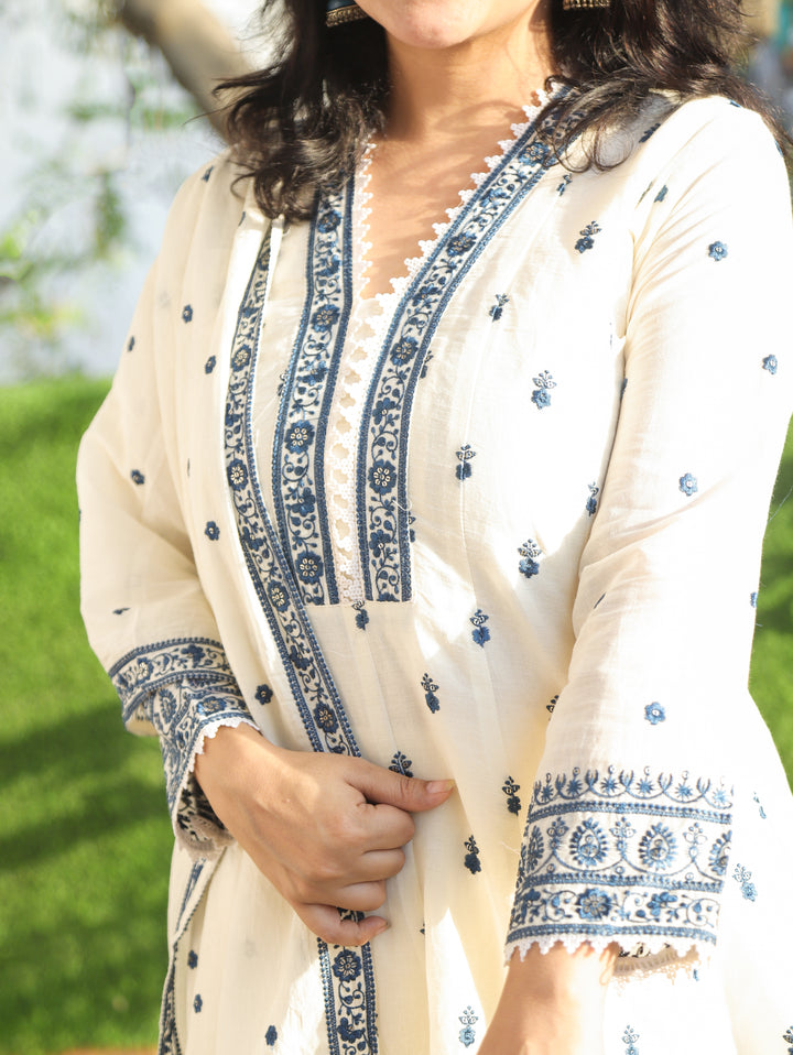 Jannat White with Blue Mul Cotton Anarkali Set