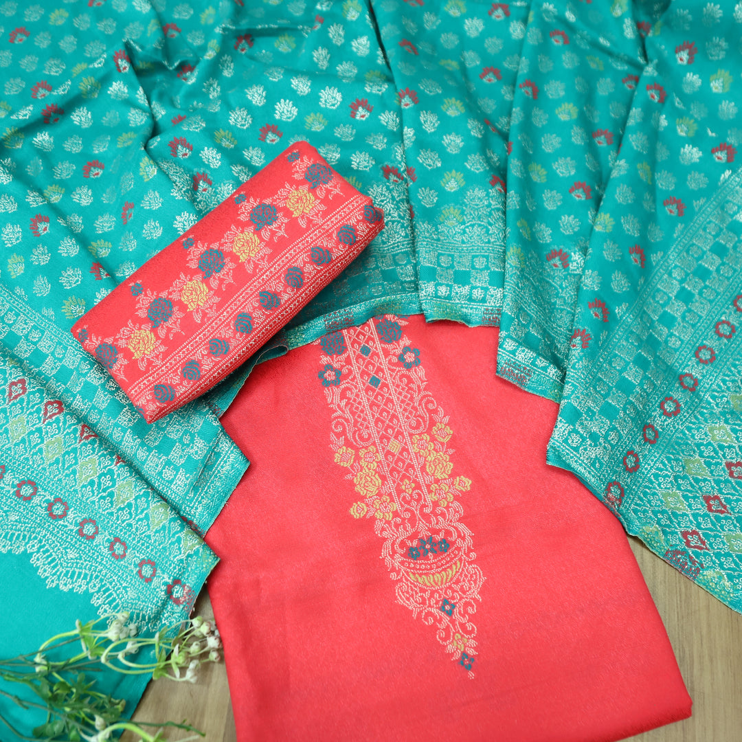 शिवानी Bright Pink All Over Thread and Zari Weaved Semi Pashmina Winter Set