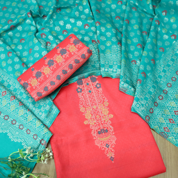 शिवानी Bright Pink All Over Thread and Zari Weaved Semi Pashmina Winter Set