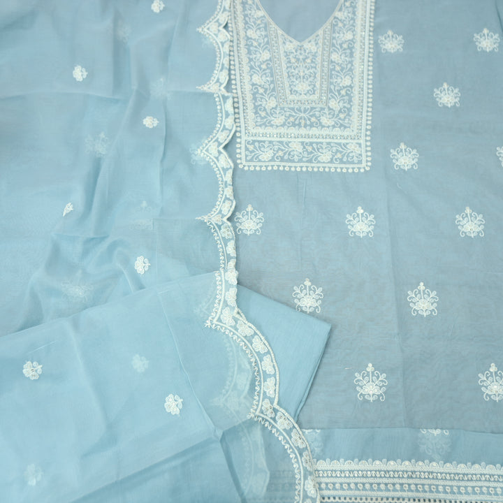 Rushali Ice Blue Embroidered Neck and Hem Mul Cotton Set