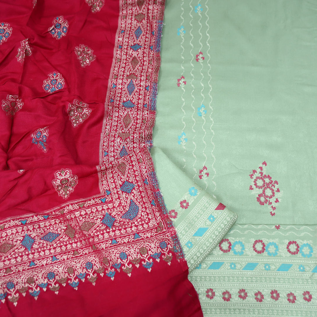 शिवानी Sage Green All Over Thread and Zari Weaved Semi Pashmina Winter Set