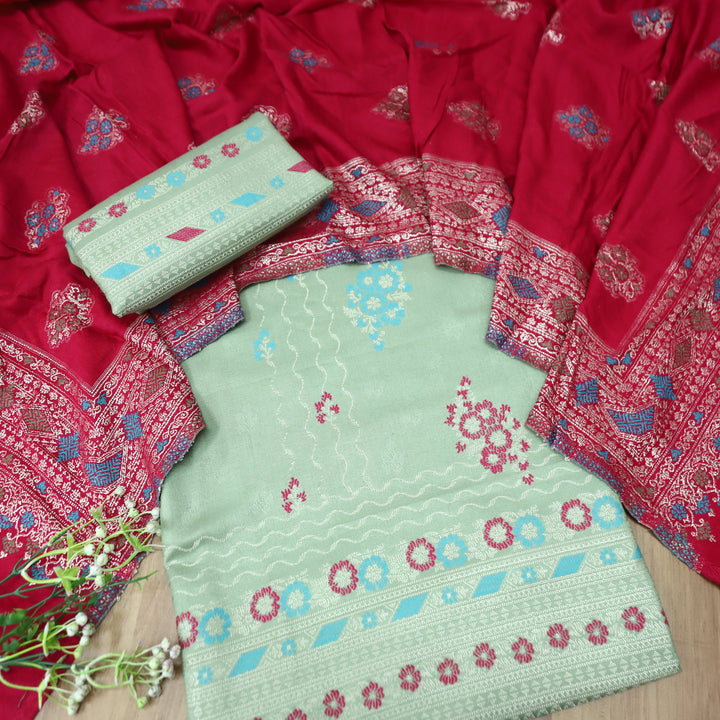 शिवानी Sage Green All Over Thread and Zari Weaved Semi Pashmina Winter Set