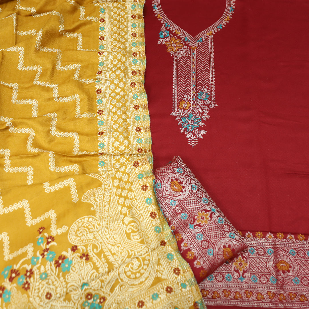 शिवानी Berry Red All Over Thread and Zari Weaved Semi Pashmina Winter Set