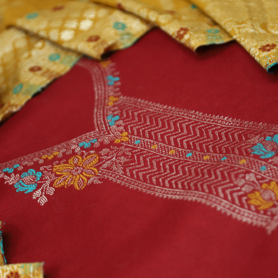 शिवानी Berry Red All Over Thread and Zari Weaved Semi Pashmina Winter Set