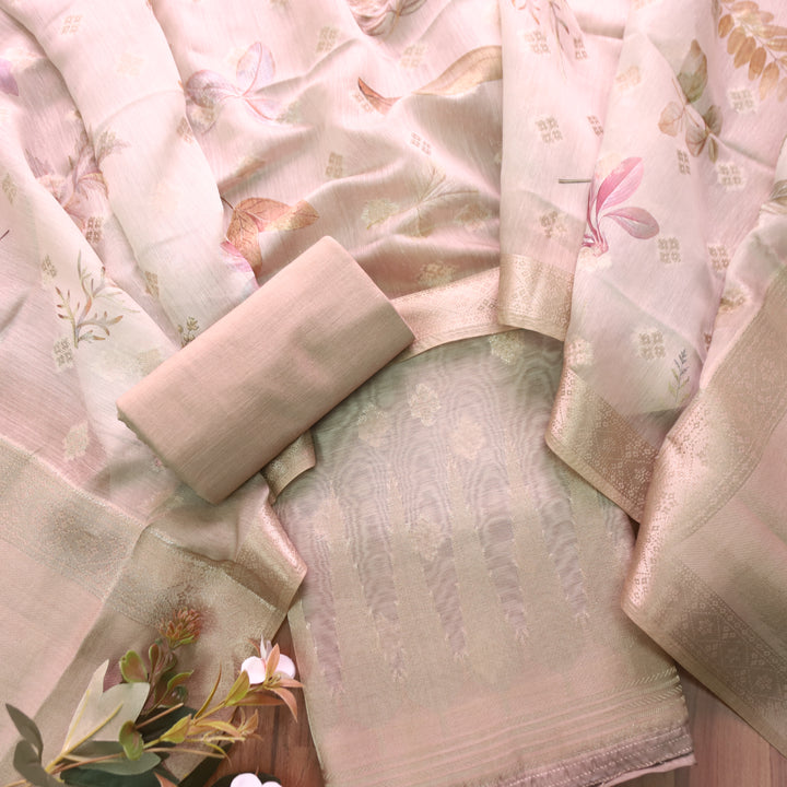 Ambarsari Peanut Beige Authentic Jamdani Weaved with Zari Chanderi Set