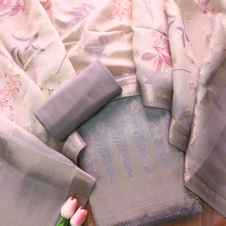 Ambarsari Fossil Grey Authentic Jamdani Weaved with Zari Chanderi Set