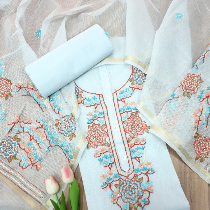 Shivani Ice Blue Kolkata Hand Embriodered Kota Doriya Set