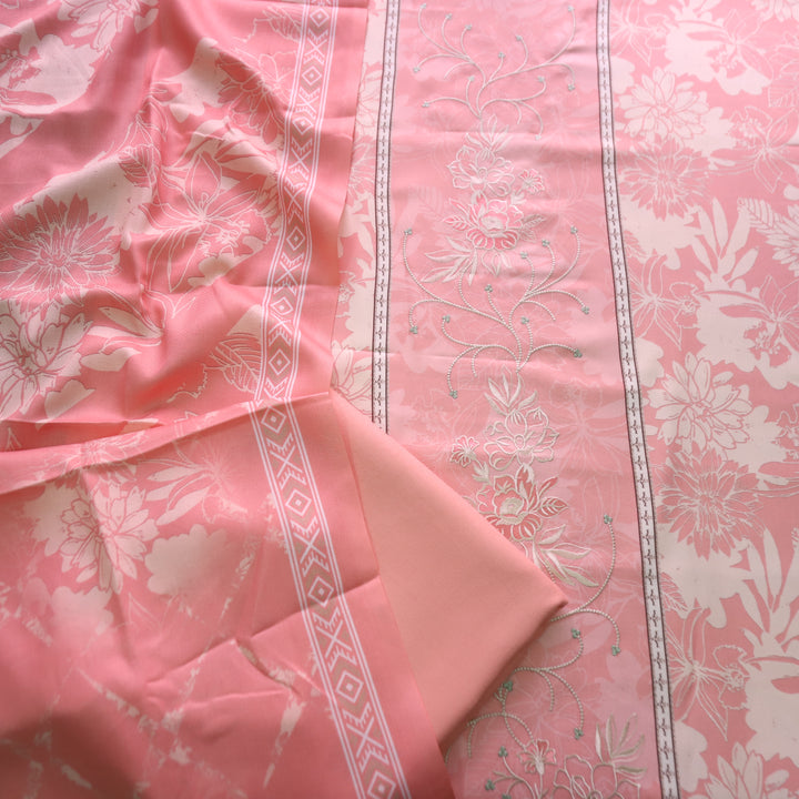 गुरप्रीत Pastel Peach Thread Work in Panel Floral Printed Semi Pashmina Winter Set