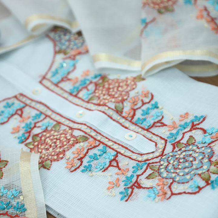 Shivani Ice Blue Kolkata Hand Embriodered Kota Doriya Set