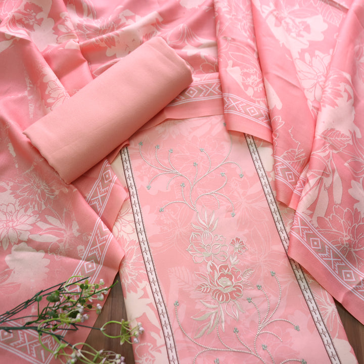 गुरप्रीत Pastel Peach Thread Work in Panel Floral Printed Semi Pashmina Winter Set