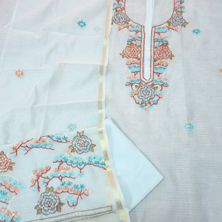 Shivani Ice Blue Kolkata Hand Embriodered Kota Doriya Set