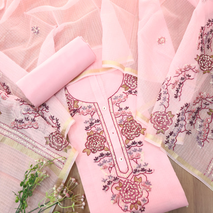 Shivani Soft Pink Kolkata Hand Embriodered Kota Doriya Set