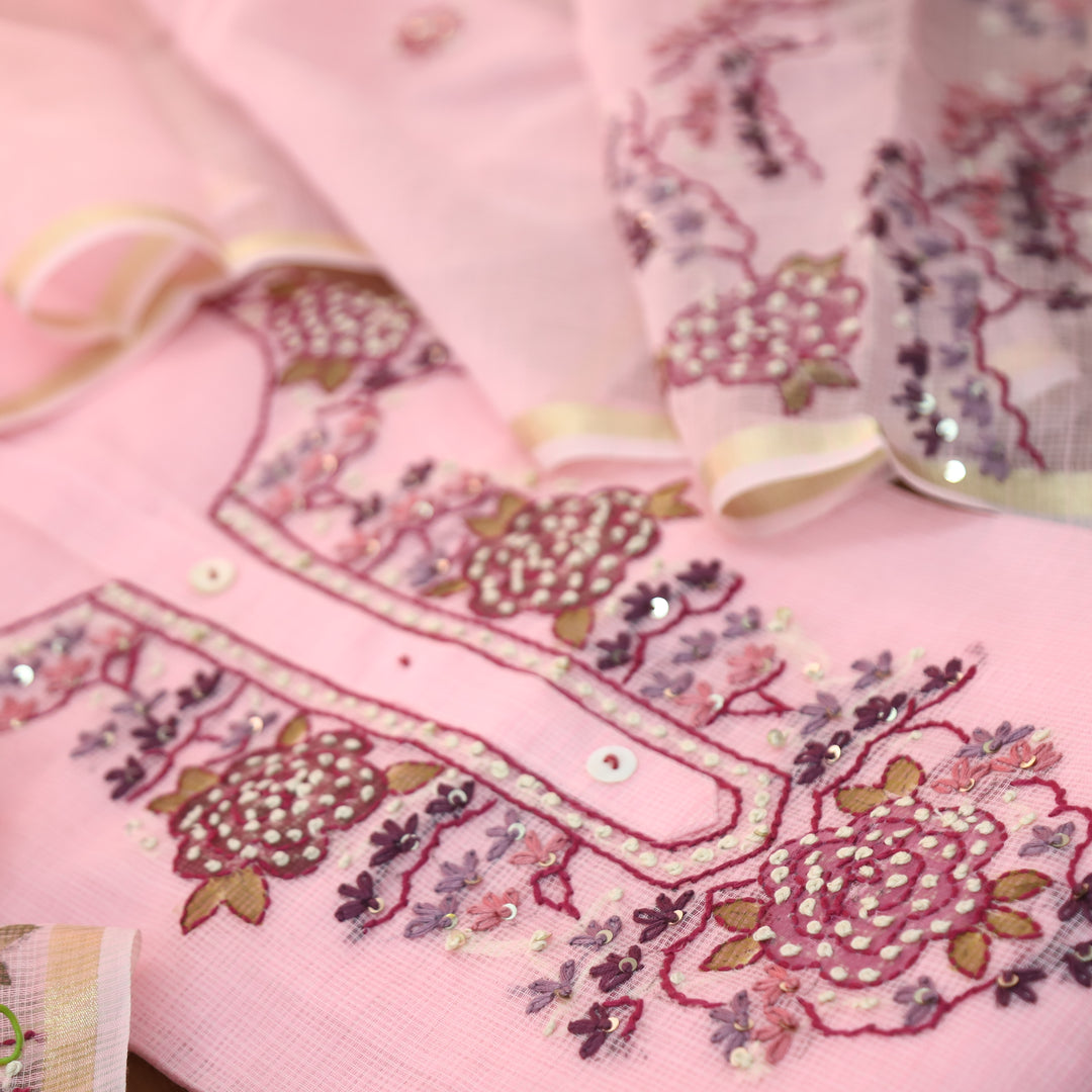 Shivani Soft Pink Kolkata Hand Embriodered Kota Doriya Set