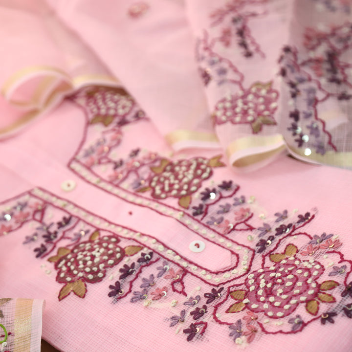 Shivani Soft Pink Kolkata Hand Embriodered Kota Doriya Set