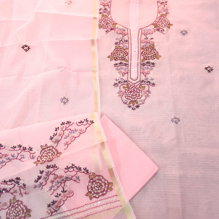 Shivani Soft Pink Kolkata Hand Embriodered Kota Doriya Set