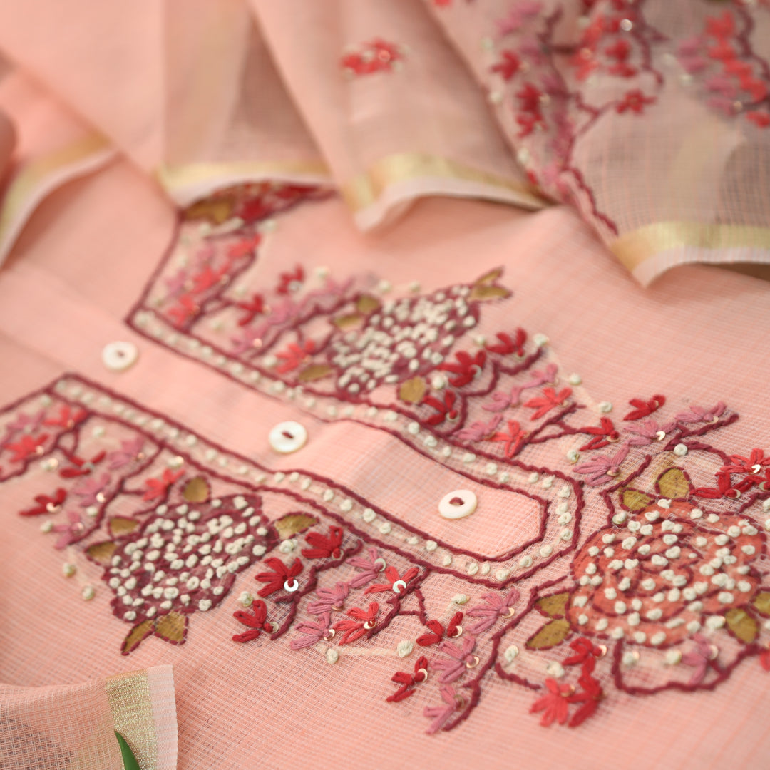 Shivani Pumpkin Peach Kolkata Hand Embriodered Kota Doriya Set
